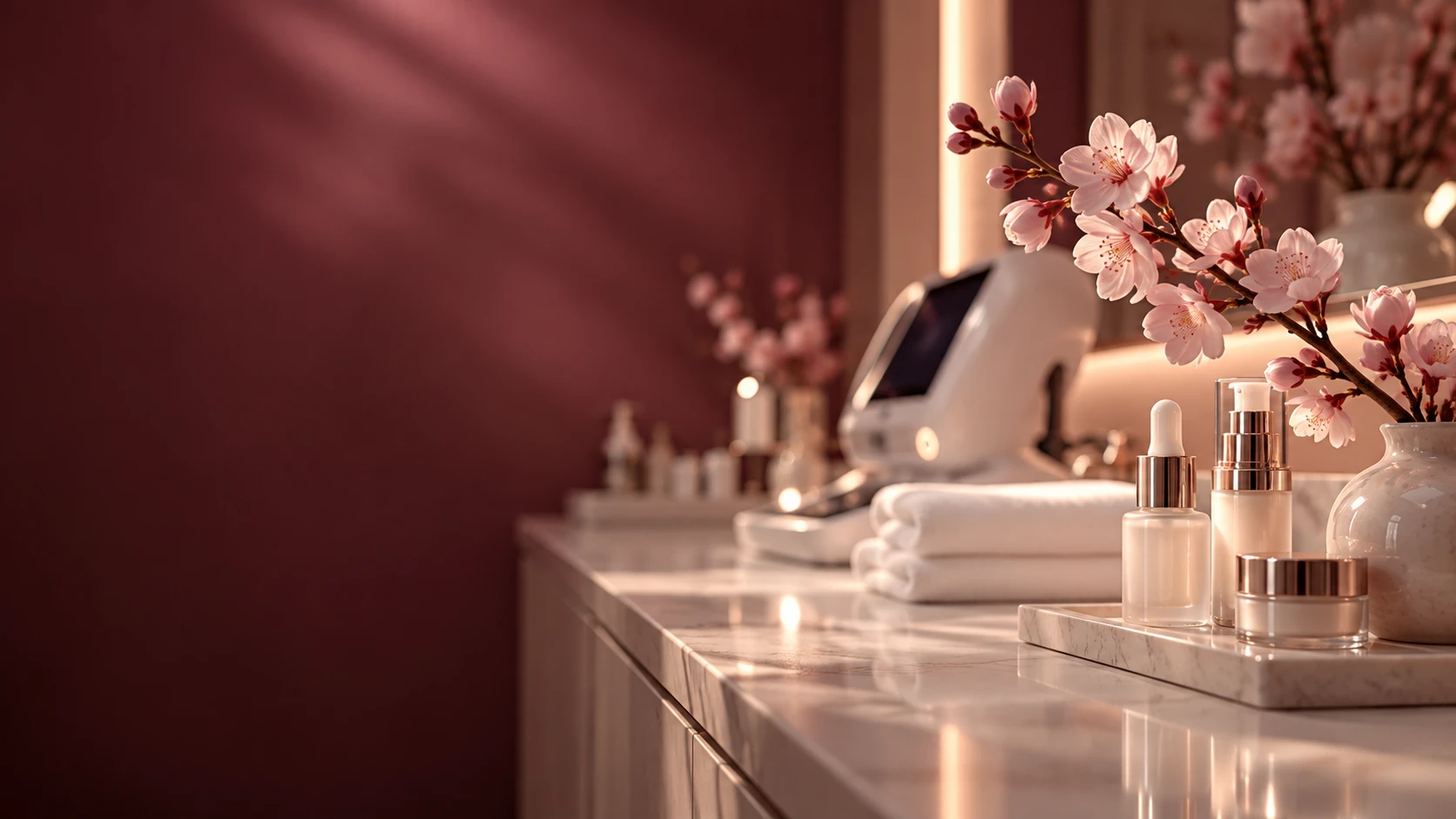 Skincare bottles, folded towels and cherry blossoms on a marble treatment counter