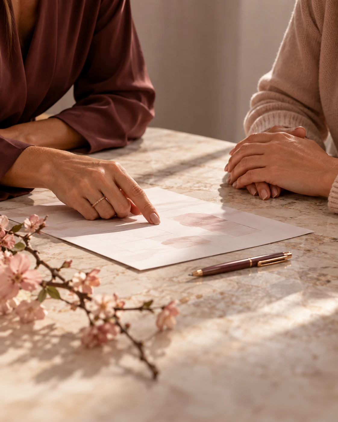 Close-up of two people’s hands at a marble table during a consultation, one pointing to a treatment plan