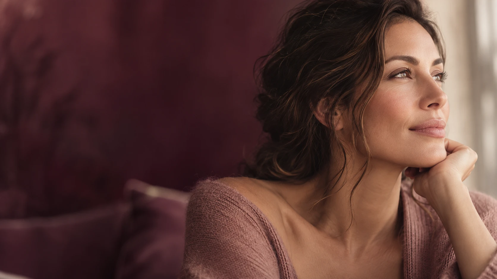 Woman in a rose knit sweater resting her chin on her hand, gazing toward a window
