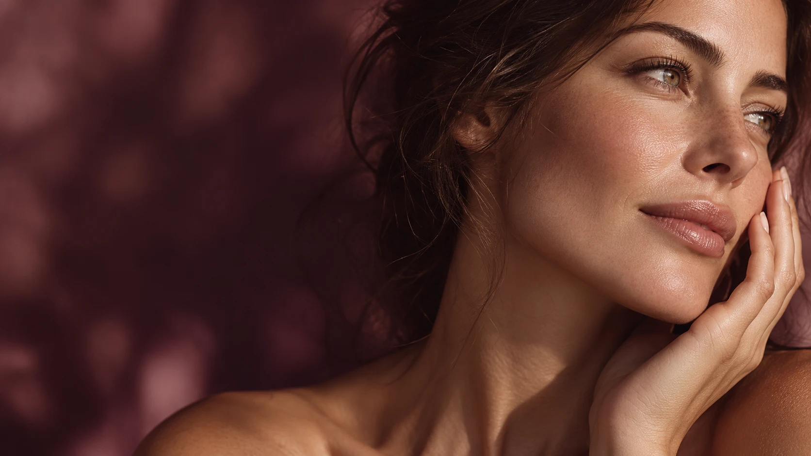 Woman with dark, loosely pinned hair resting her fingertips against her cheek in soft light