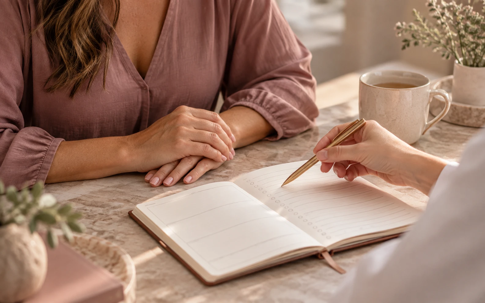 Provider writing in an open notebook across a table from a woman with a cup of tea