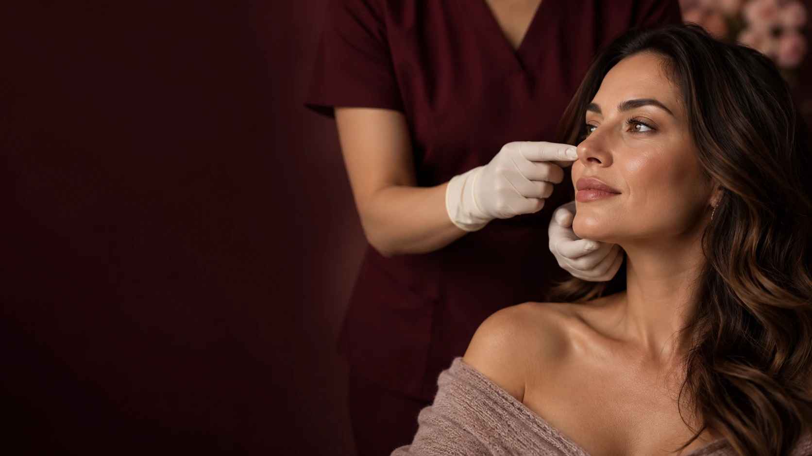 Provider in gloves assessing a woman’s cheek before an injectable treatment
