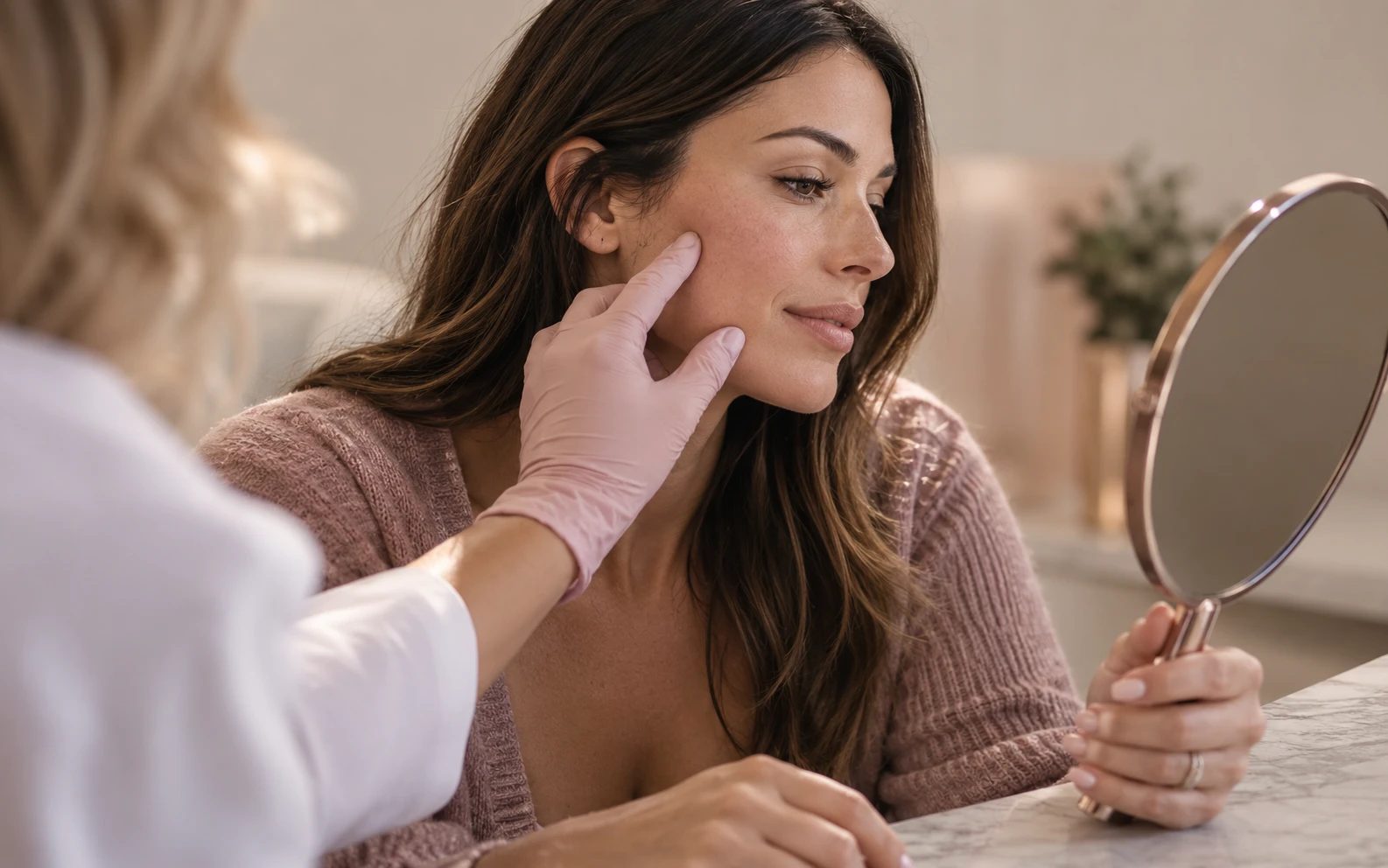Gloved provider touching a woman’s cheek as she holds a hand mirror during a consultation