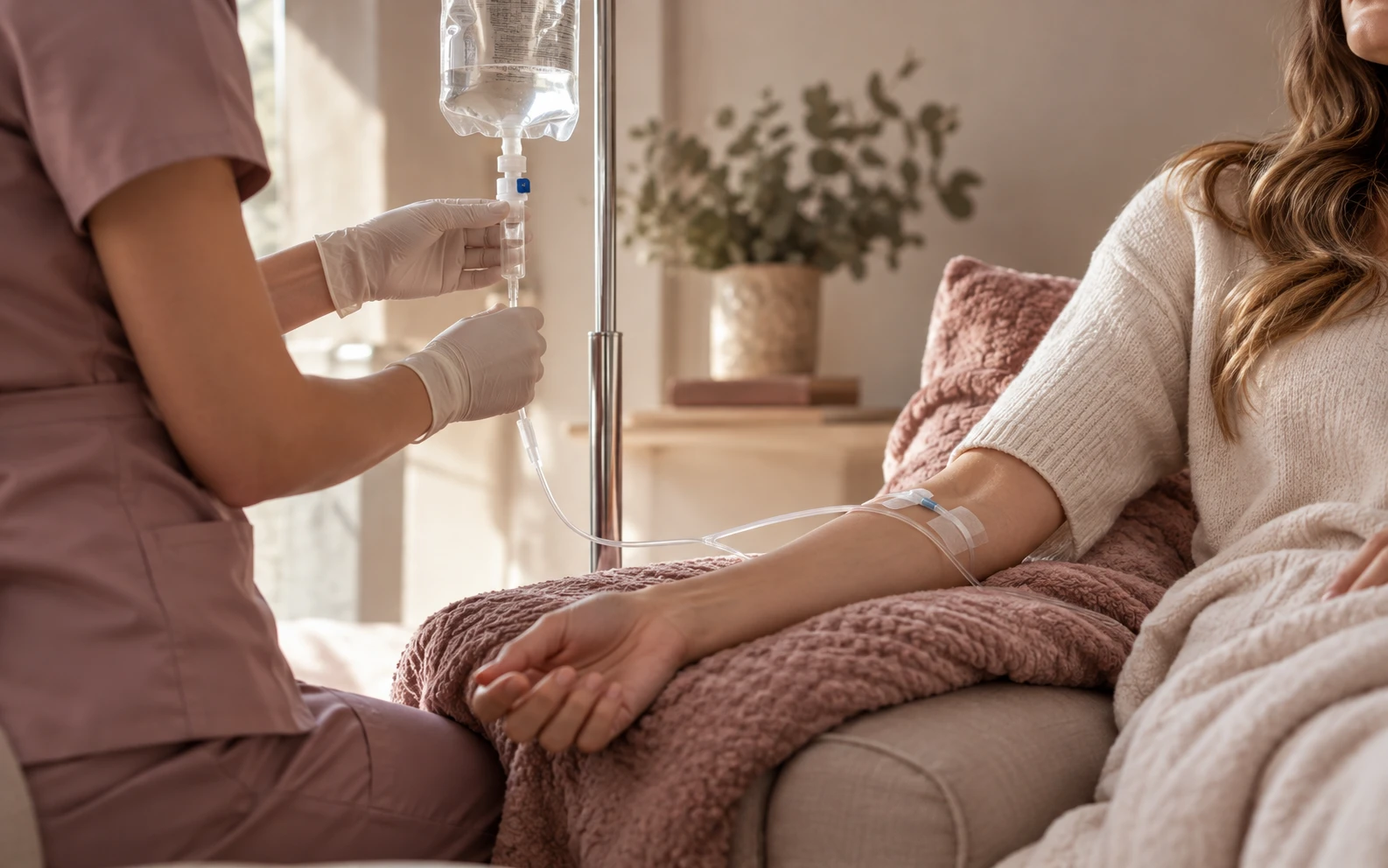 Provider in gloves adjusting an IV bag beside a woman resting under a blanket