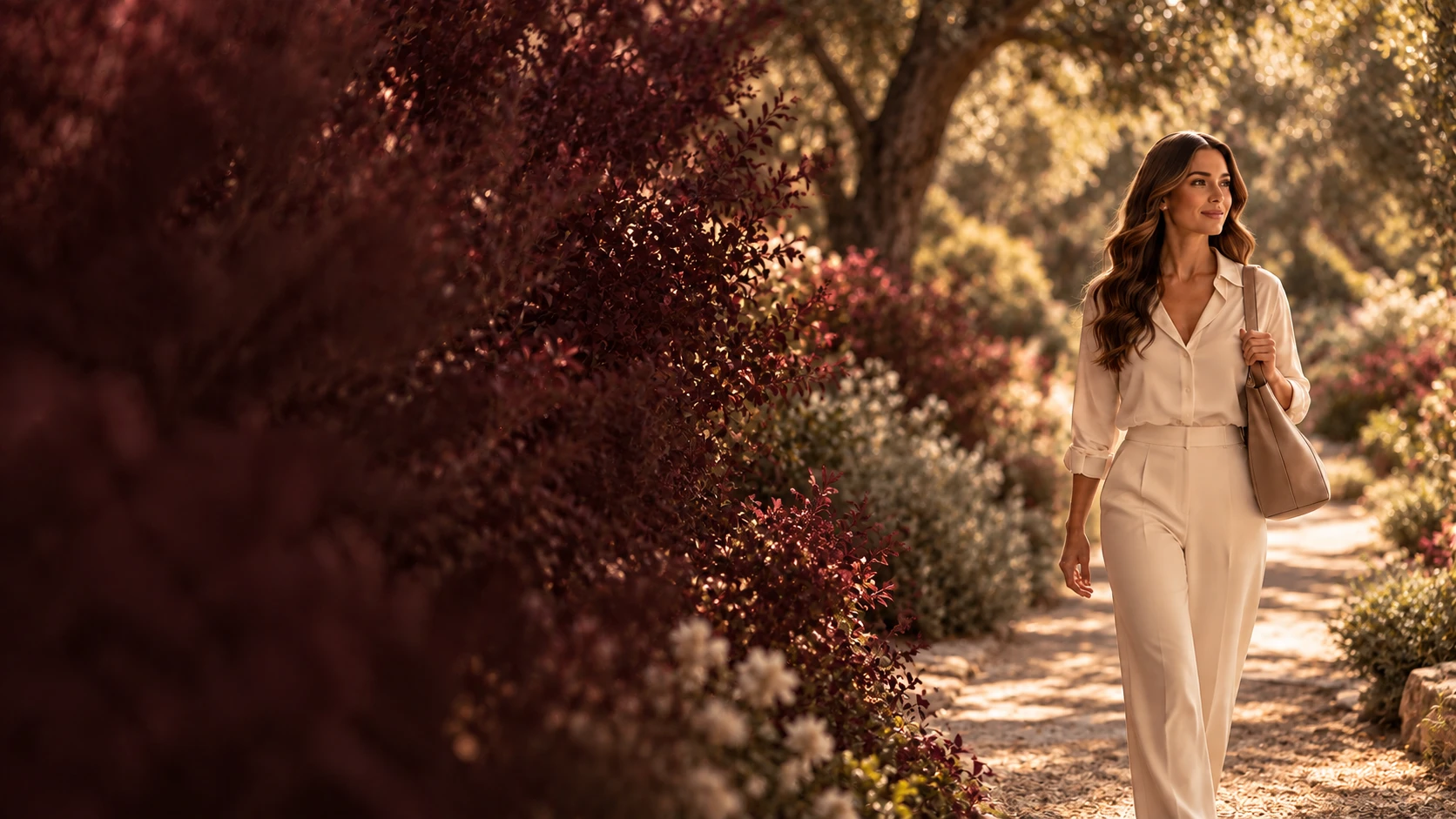 Woman in a cream outfit walking along a sunlit garden path