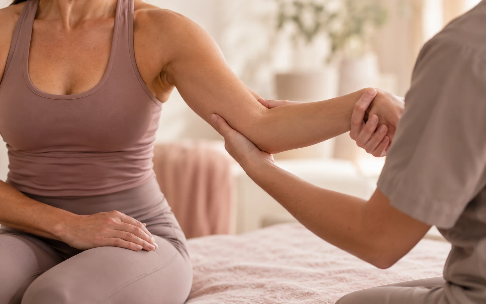 Provider supporting a woman’s arm as she sits on a treatment bed