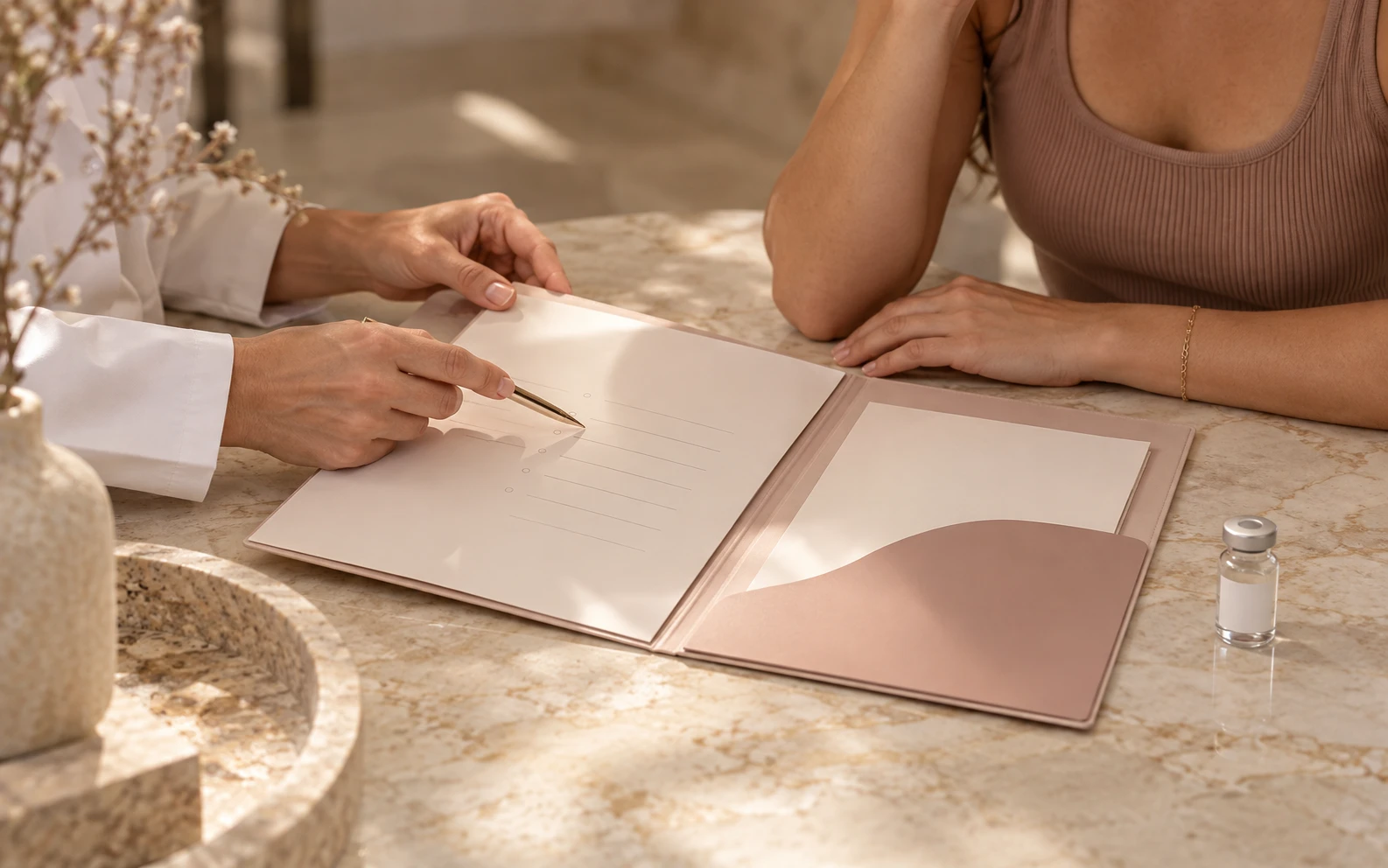Provider pointing to a written plan in a folder across a table from a woman, a small vial nearby