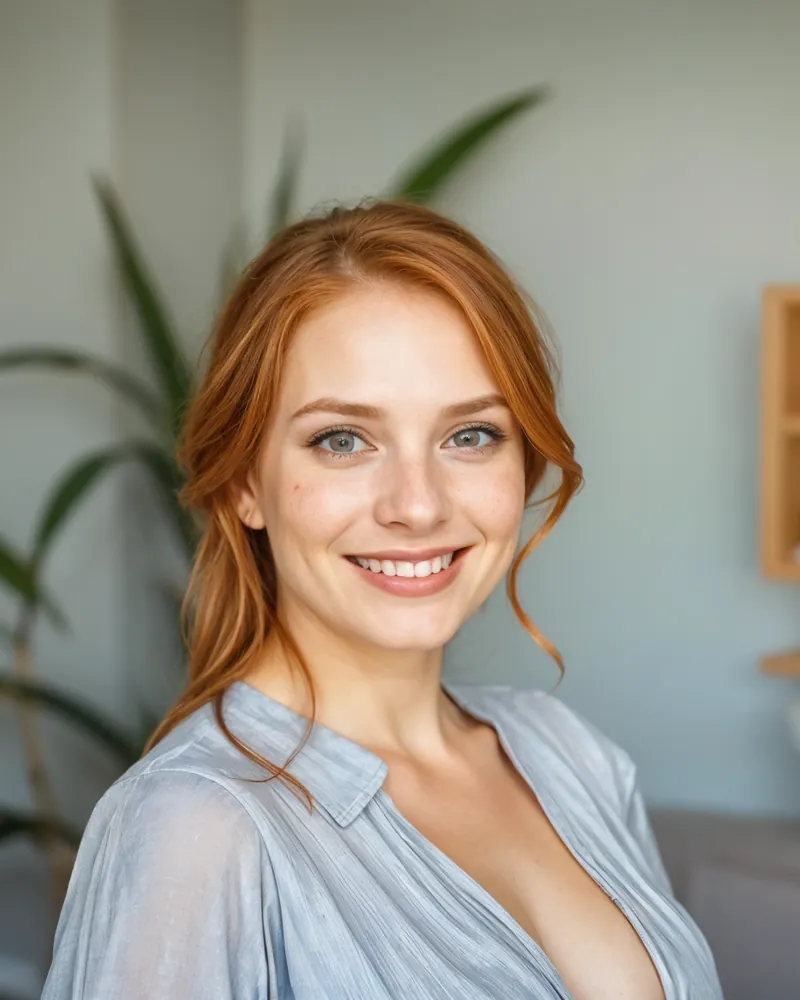 Illustrative portrait for the licensed aesthetician role: smiling woman with auburn hair in a soft blue blouse
