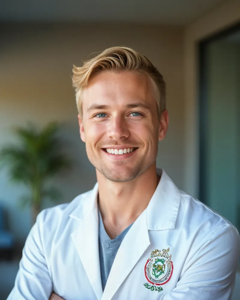 Illustrative portrait for the medical director role: smiling man with short blond hair in a white coat