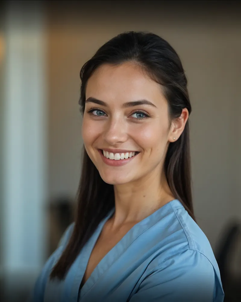 Illustrative portrait for the aesthetic nurse injector role: smiling woman with long dark hair in light blue scrubs