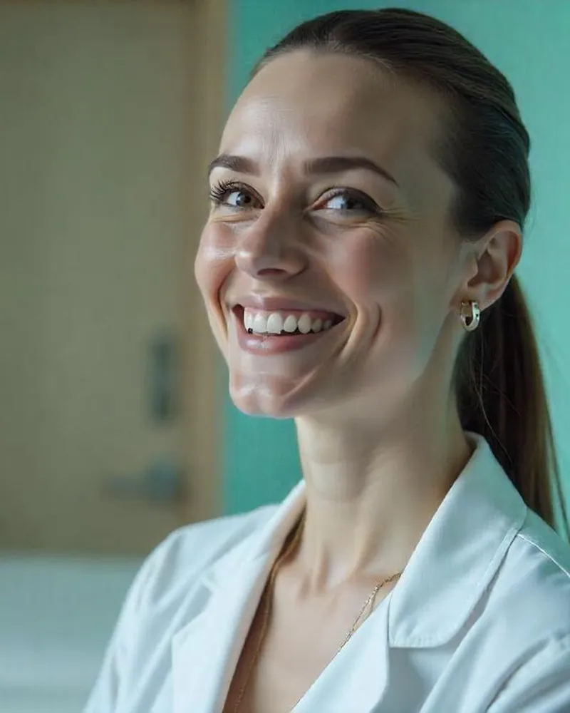 Illustrative portrait for the nurse practitioner role: smiling woman with dark hair in a ponytail and a white coat