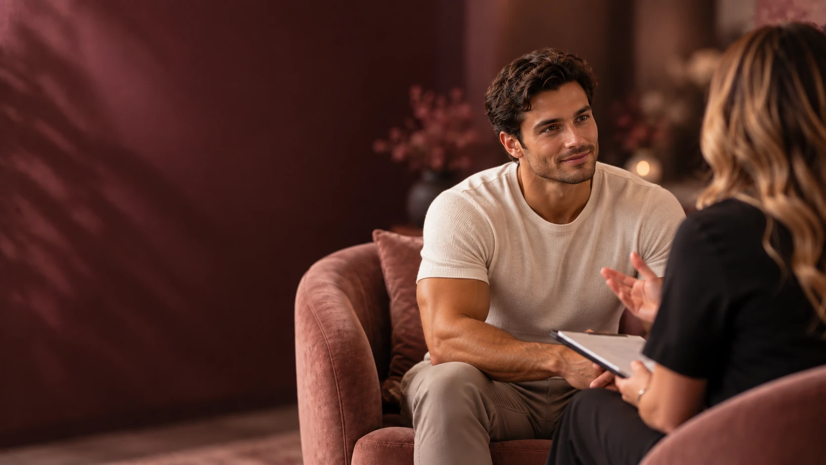 Man seated in a blush armchair talking with a consultant holding a tablet