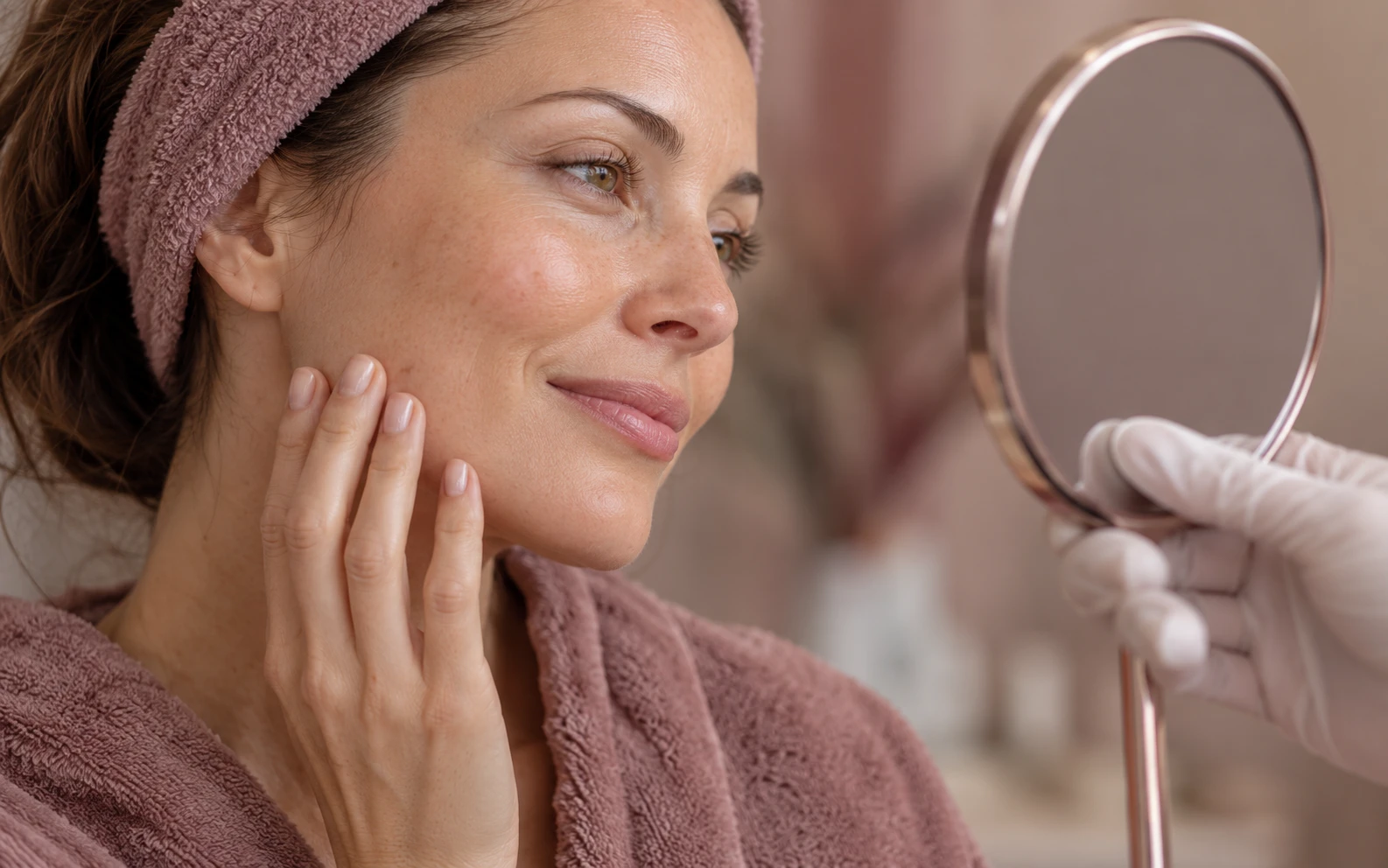 Smiling woman in a headband touching her cheek while a gloved hand holds a mirror