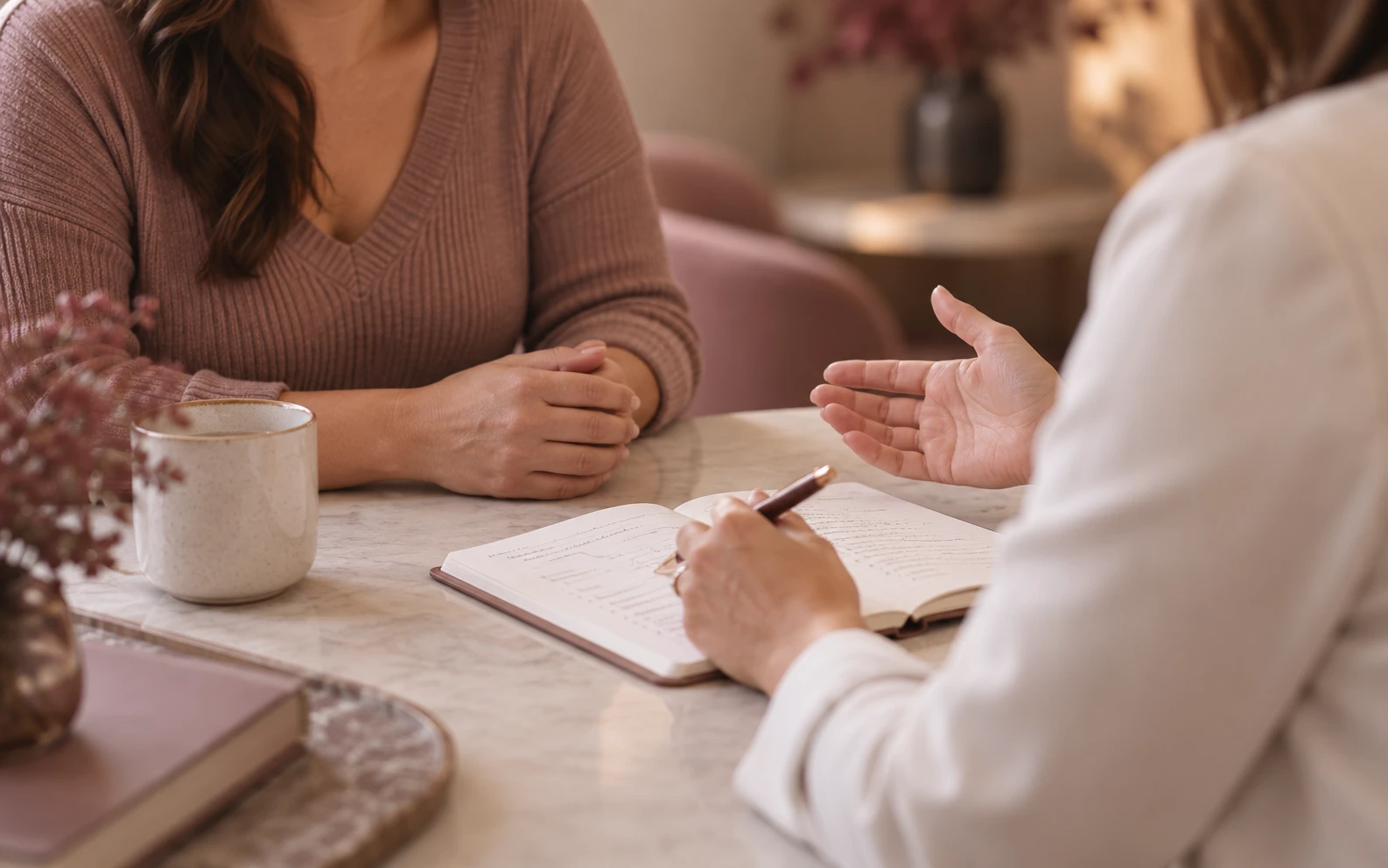 Provider taking notes in an open notebook while talking with a woman across a marble table